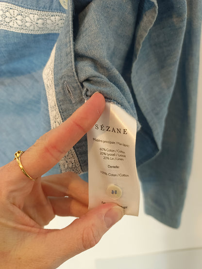 SEZANE. Blue blouse with lace detail, size 40