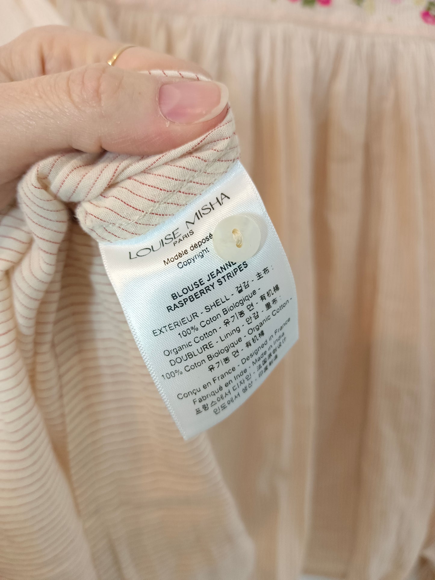 LOUISE MISHA. Blusa beige rayas y bordados T.34