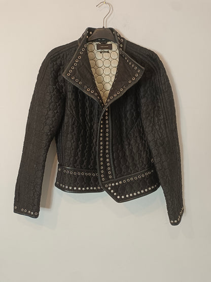 ISABEL MARANT. Black leather and silk textured jacket, size 36