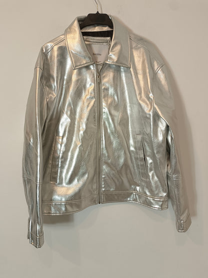 BERHKA. Silver Leatherette Biker Jacket