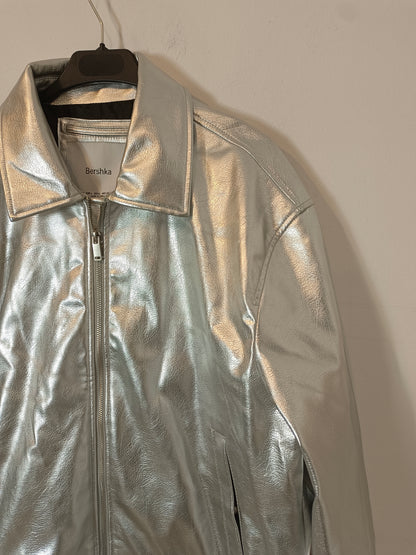 BERHKA. Silver Leatherette Biker Jacket