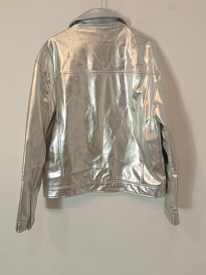 BERHKA. Silver Leatherette Biker Jacket