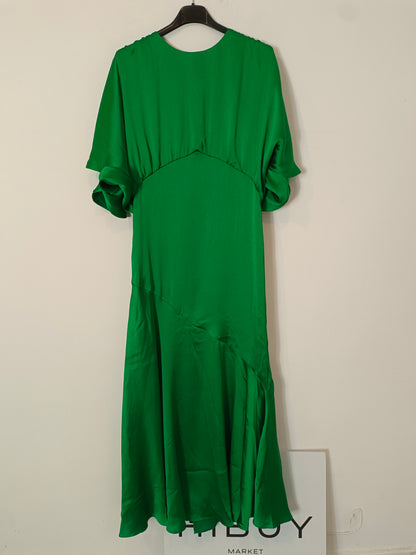 PEDRO DEL HIERRO. Long green satin dress, size 38