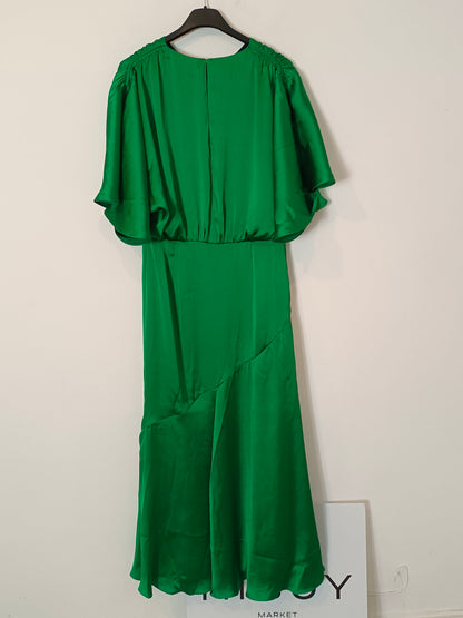 PEDRO DEL HIERRO. Long green satin dress, size 38