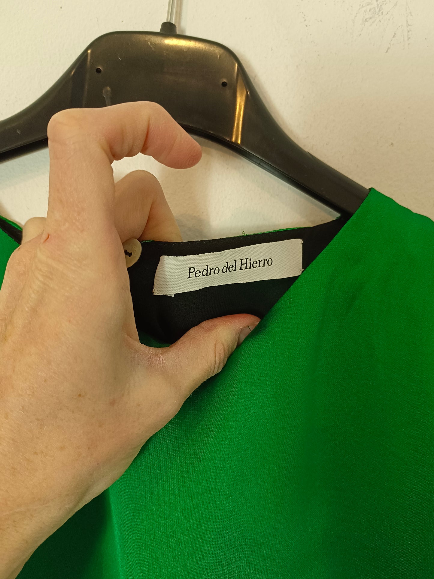 PEDRO DEL HIERRO. Long green satin dress, size 38