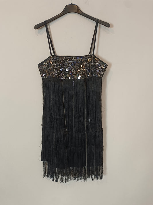 PINKO.  Vestido negro flecos vintage T. m