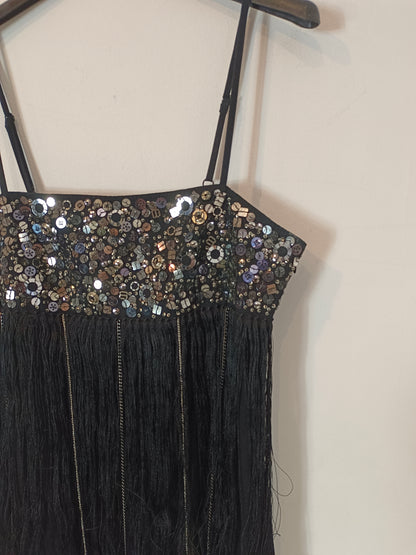 PINKO.  Vestido negro flecos vintage T. m