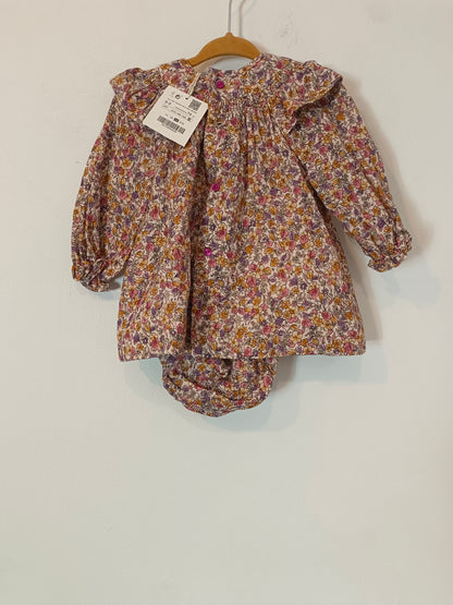 ZARA. Beige floral dress, size 6-9 months