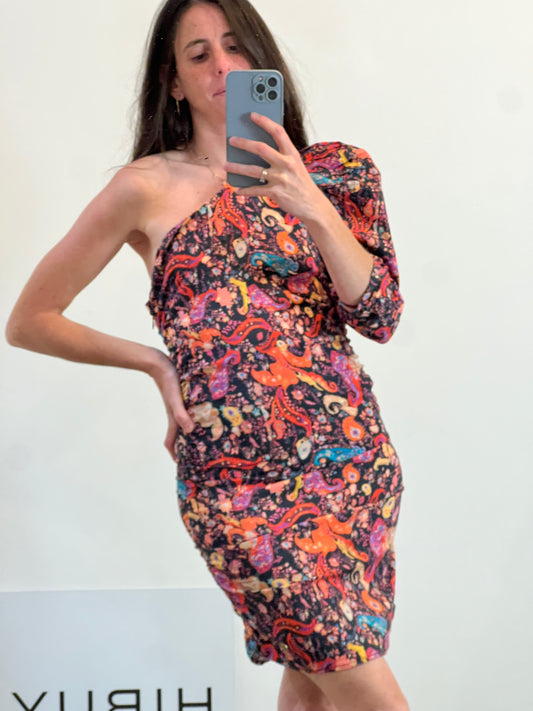 CUPLÉ. Vestido corto estampado asimetrico