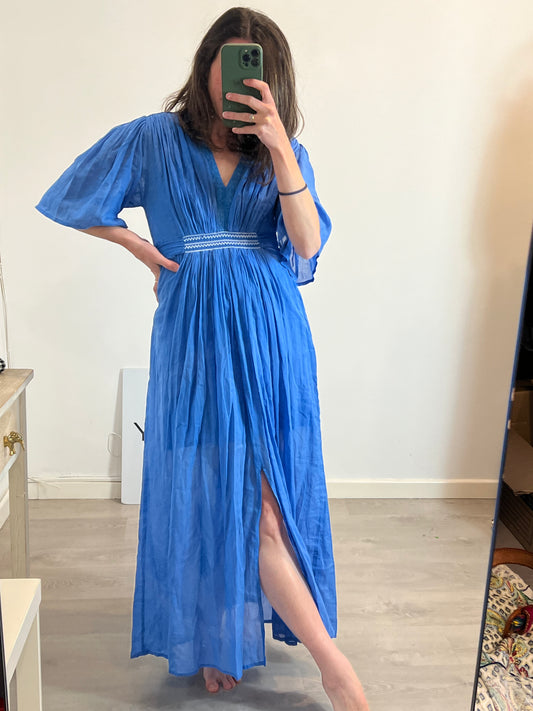 BERENICE. Vestido algodón azul aberturas. T 34