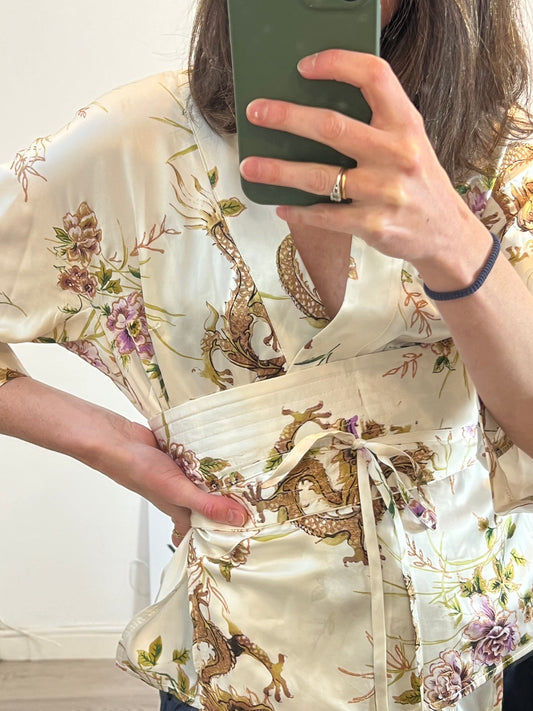 PAMELA MILANO. Printed silk wrap blouse. TS