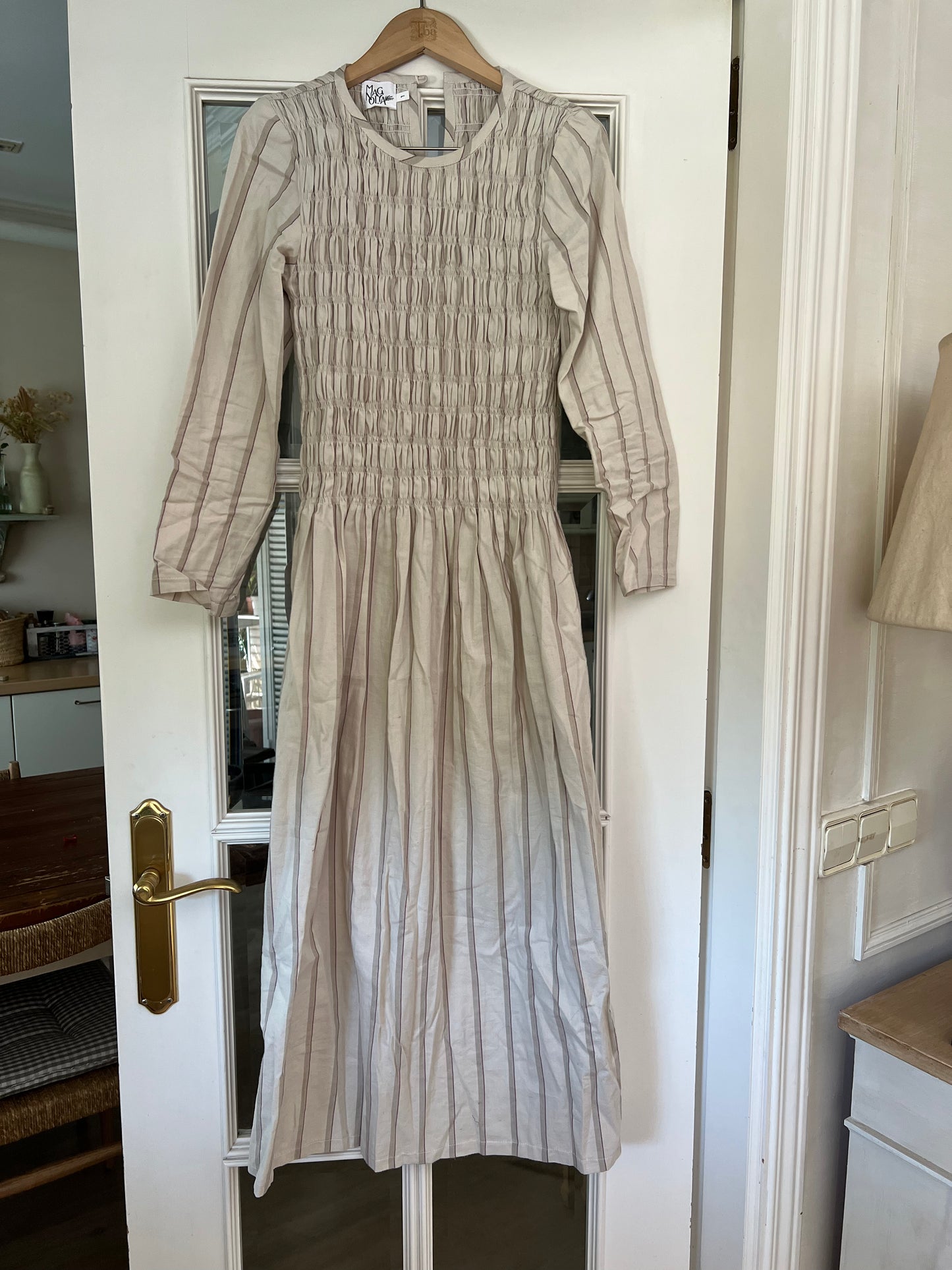 MAGNOLYA. Vestido beige rayas nido abeja T.1 (S)