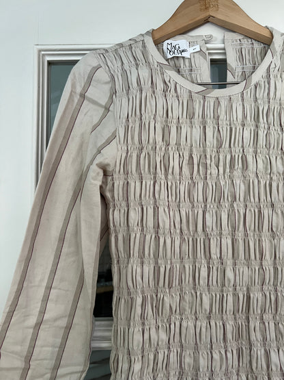 MAGNOLYA. Vestido beige rayas nido abeja T.1 (S)