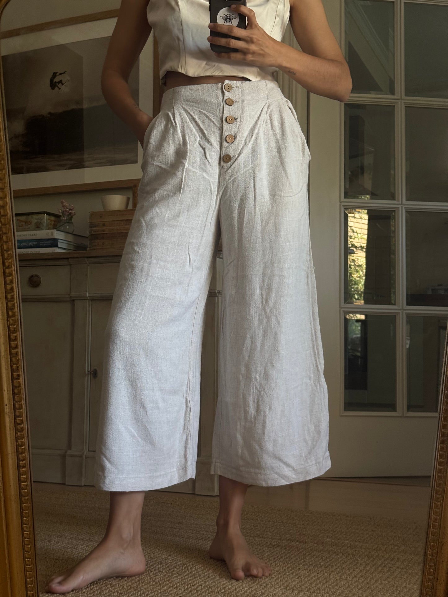 TOPSHOP.pantalón lino beige T.36