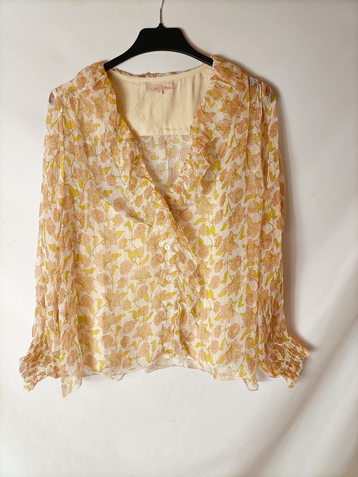 LOUISE MISHA. Semi-sheer blouse with gold threads. Size 38