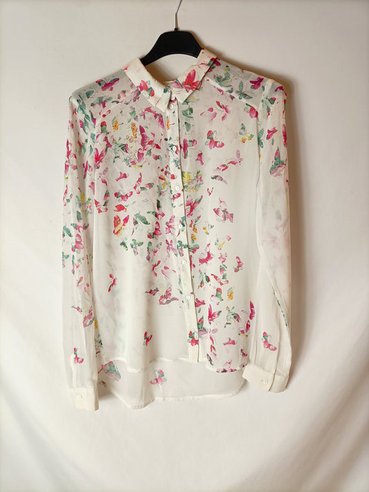 BERSHKA. White semi-sheer floral blouse. TS