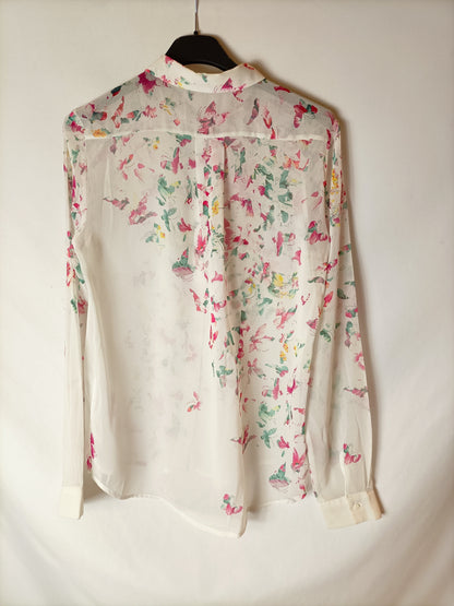 BERSHKA. White semi-sheer floral blouse. TS