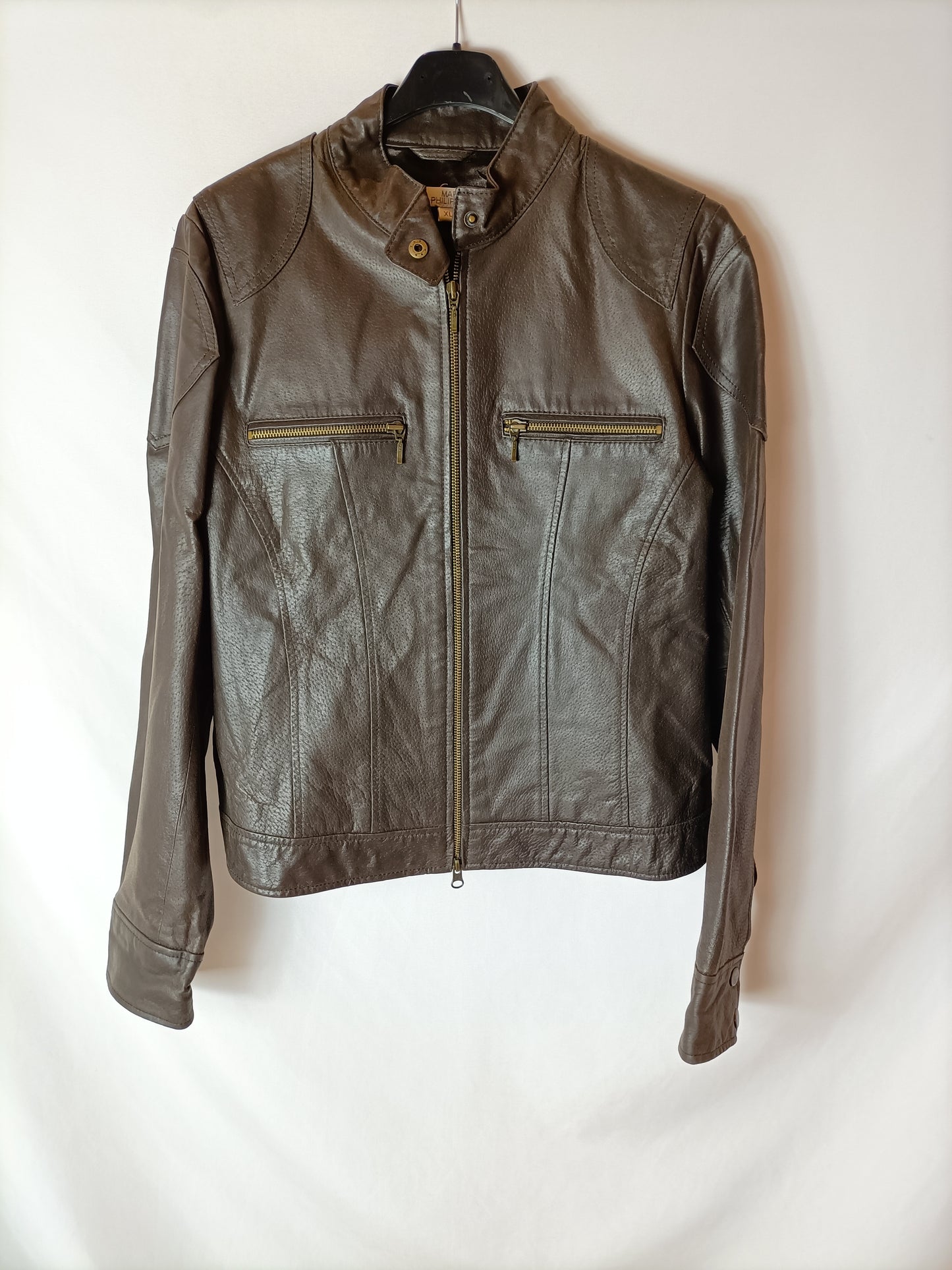 MARIE PHILIPPE. Chaqueta piel marrón cremalleras. T XL (M/L)