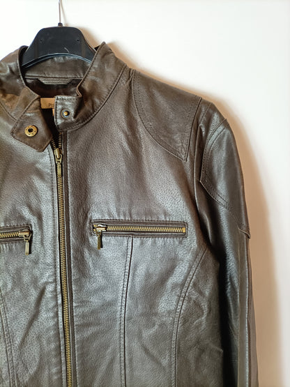 MARIE PHILIPPE. Chaqueta piel marrón cremalleras. T XL (M/L)