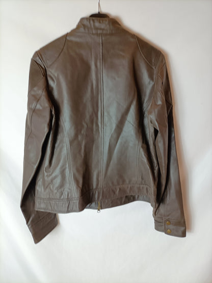 MARIE PHILIPPE. Chaqueta piel marrón cremalleras. T XL (M/L)
