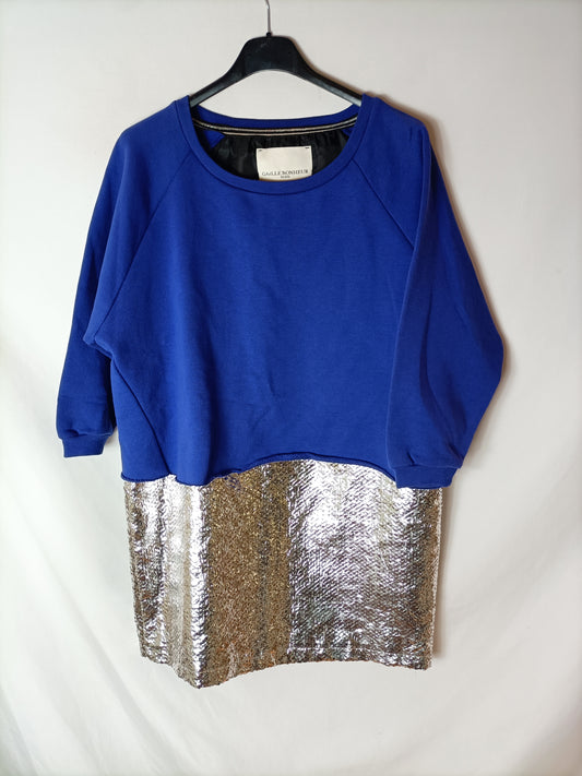 GAELLE BONHEUR. Purple and silver double-textured dress. TM