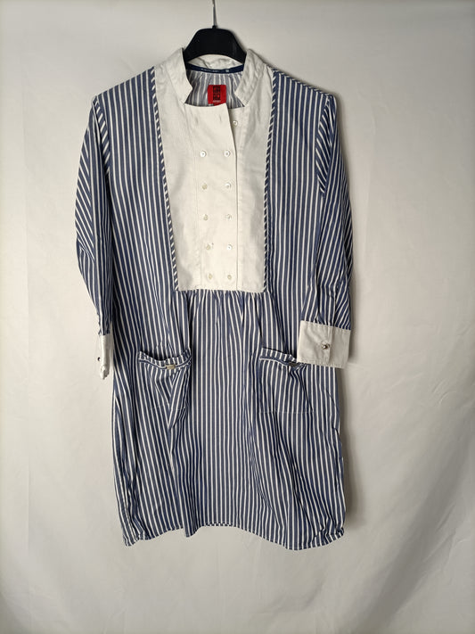 PEDRO DEL HIERRO. Short blue striped dress. Size 38