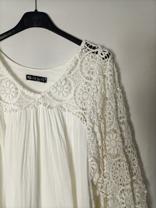 VIE TA VIE. Vestido blanco manga croché. T U (S)