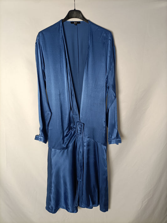 LOLA LI. Long satin blue open dress/blouse. Size 36
