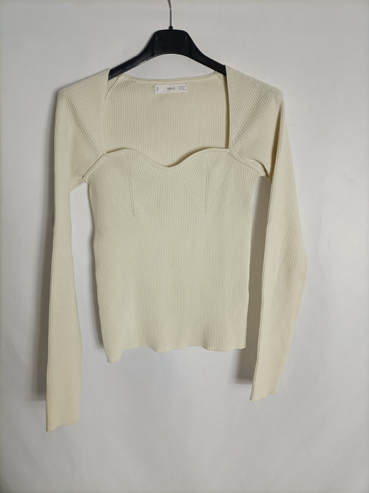 MANGO. Top beige canalé T.xs