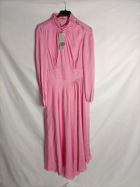 ZARA. Pink satin dress with button detail. Size XS