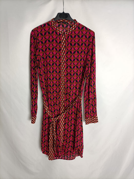 ZARA. Pink and black printed shirt dress. TS