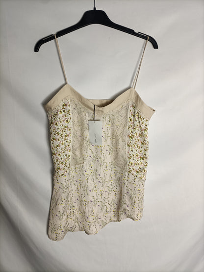 ZARA. Top lencero beige estampado asimétrico. T S
