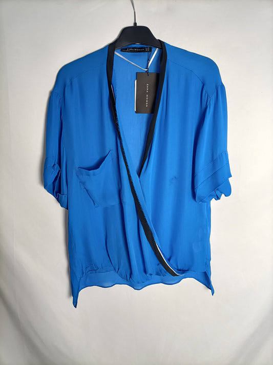 ZARA.Blue crossover blouse S.XS