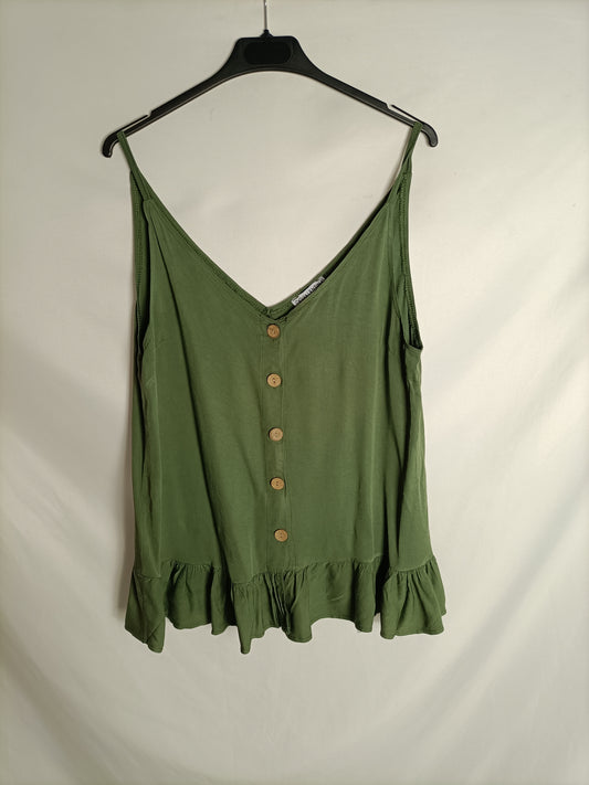 VALENTINA. Khaki button-down top with ruffles, size M