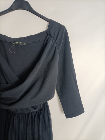 ZARA. Vestido azul falda tull T.m