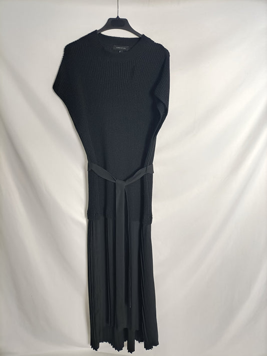 CORTEFIEL. Black pleated knit dress, size L