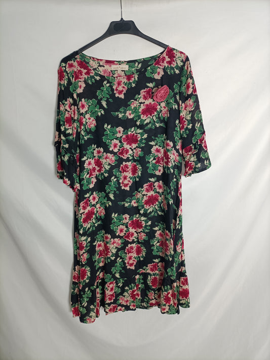 AMICHI. Black dress with pink flowers, size L