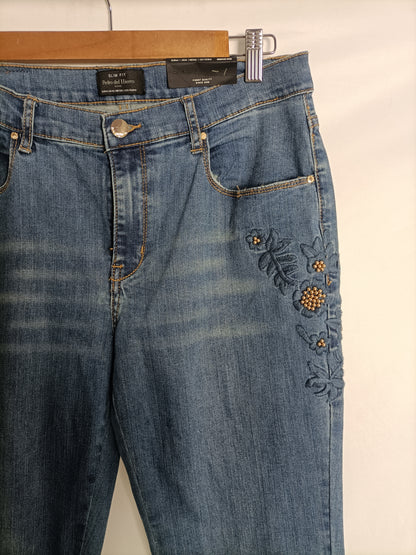 PEDRO DEL HIERRO. Blue jeans with floral detail, size 44
