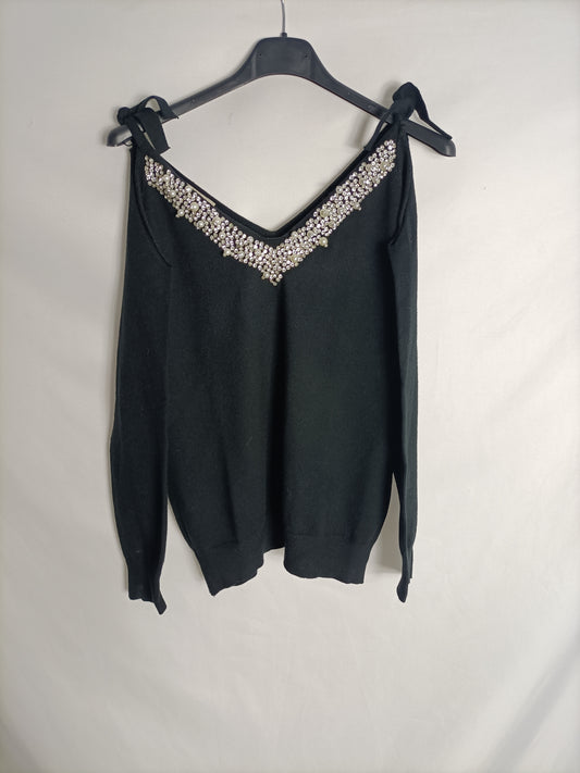 TERIA YABAR. Black rhinestone sweater YOU(S)