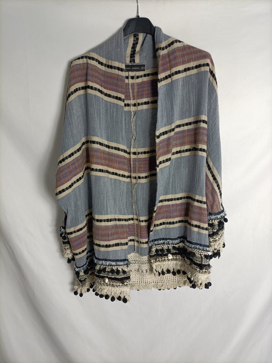 ZARA. Embroidered kimono with tassels T.xs