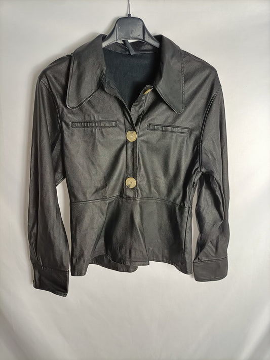 ZARA. Black faux leather Ts top