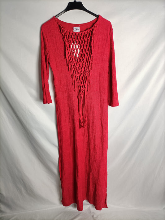 ZARA. Long red fringed dress Ts