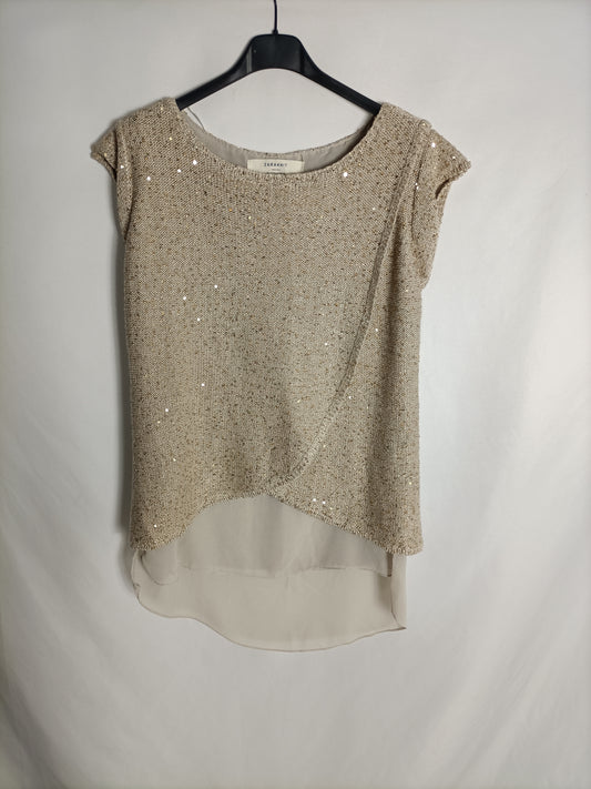 ZARA. Beige sequin knit top Tm
