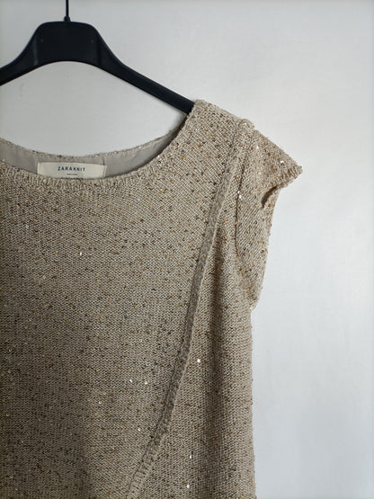 ZARA. Beige sequin knit top Tm