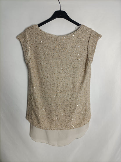 ZARA. Beige sequin knit top Tm
