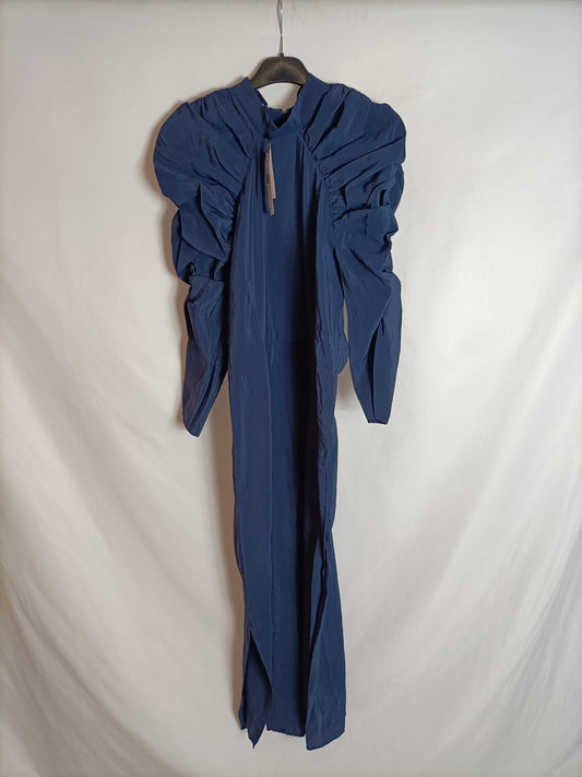 MANGO. Vestido azul mangas abullonadas T.s