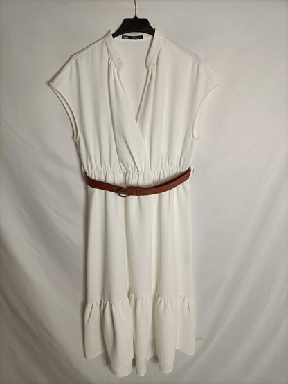 ZARA. Vestido midi blanco cinturón T.m