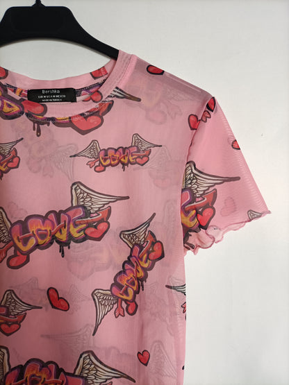 BERSHKA. Camiseta rosa tull T.m