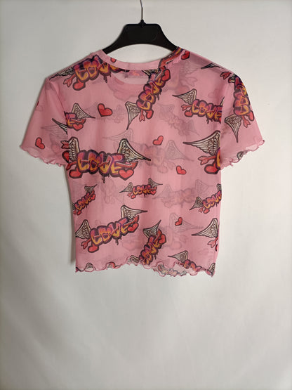 BERSHKA. Camiseta rosa tull T.m