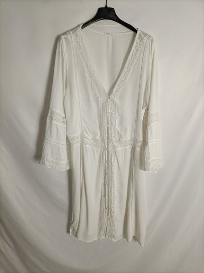 OYSHO. Vestido blanco encajes T.l